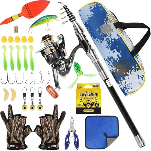 Conjunto de Caña de Pescar Telescópica y Carrete, Kit de Caña de Pescar de Metal de 2,1m con Sedal/Accesorios de Señuelos/Bolsa de Transporte, Kit Completo de Caña de Pescar Giratoria con Carrete para