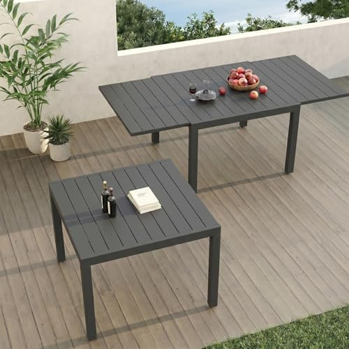 TRIUMPHKEY Gartentisch Ausziehbar, Gartentisch Wetterfest mit Aluminium, 80/160 x 75cm Esstisch Ausziehbar für 4-6 Personen, Geeignet als Gartentisch Partytisch Balkontisch, Dunkelgrau