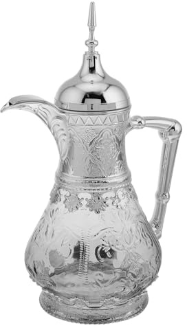 ANDRESLAD Pichet à Eau en Verre 1,6 L Style Moyen-oriental Couvercle Argenté, Carafe à Boissons Froide pour Réfrigérateur, Cruche Résistante au Chaud et Froid, pour Jus, Thé et Café