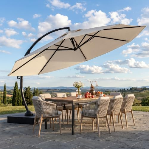 UDPATIO Sonnenschirm mit Ständer 330 cm, Runder Aluminium-Ampelschirm mit Kurbel, Gartenschirm 360° drehbar, 90° neigbar & 8 Streben, Großer Marktschirm für Garten & Outdoor, Beige