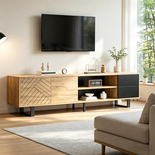 Meuble TV 180 cm Style Industriel, Banc TV en Bois et Métal pour Téléviseur jusqu'à 75 Pouces, Grand Meuble de Salon avec 2 Tiroirs et 2 Placards, Lowboard Moderne avec Passe-Câbles
