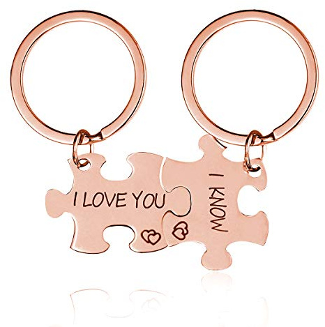 Uloveido personalisierte Puzzle passende Paare Schlüsselbund Set für Frauen und Männer Rose Gold überzogener Edelstahl Schmuck Geschenk für Freund (Rose Gold, I Love You-I Know) SN141