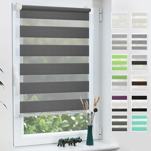 Grandekor Doppelrollo Klemmfix ohne Bohren Anthrazit 90x120cm(Stoffbreite 86cm) Fenster Rollos für innen Klemmrollos Duo Rollos für Fenster ohne Bohren mit Bohren Privatschutz UV-Schutz Zebrarollo