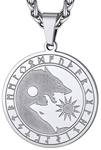 Richsteel Edelstahl Wikinger Zwei Wolfe Kette Viking Wolf Kopf Anhänger mit Geschenkebox für Wikinger Männer
