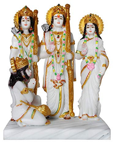 GLOOKS White Gold Marble Dust Ram Darbar Idol Laxman Sita & Hanuman Darbar Statue Spiritual Puja Vastu Showpiece Figurine - Size (24 X 15 X 31 cm)