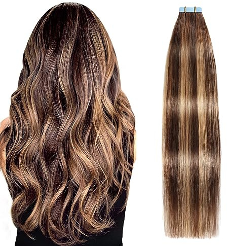 SUYYA Tape Extensions Echthaar 16 Zoll 40 cm #4/27/4 | Remy Echthaar, glattes Haar, Skin Weft, unsichtbare Tape-Verbindung, 20 Stück 40 g, Schokobraun-Karamellblond