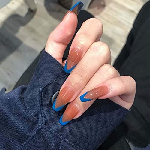 Yheakne Lot de 24 faux ongles à clipser brillants ombrés dégradés style ballerine pour femmes et filles avec manucure française et embouts en forme de V Bleu