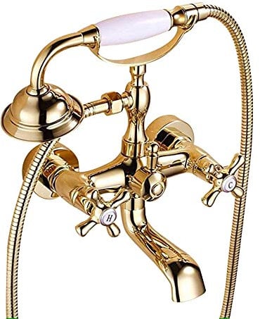 Traditional Bathtub Mixer Tap Gold Bath Shower Mixer Tap with Hand Held Shower Head Cross Handle Bathroom Shower Mixer Taps for Bathroom
