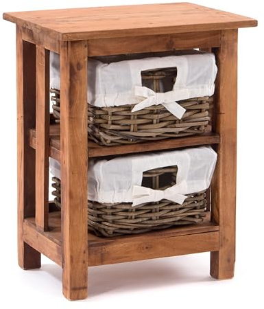 DESIGN DELIGHTS BADSCHRANK Flair | Holzschränkchen mit 2 Rattan Körbchen, Badschrank, Handtuchschrank 50x38x29cm (HxBxT) | Badregal, Nachttisch | Farbe: 08 honigfarben gewachst