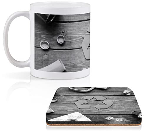 1 x 11oz (284ml) White Ceramic Mug Cup & 1 x Square Wooden Cork Coaster - BW - Eco Recycling Symbol Sign Bins Design for Coffee Tea Drinks Kitchen Birthday Office #42828