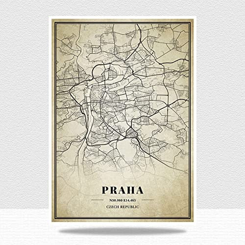 Leinwand Bilder,Vintage Tschechische Prag Stadtplan Poster Drucke Kunstwerk Ungerahmte Bilder Moderne Personalisierung Gemälde Weihnachten Souvenir Geschenk Home Decor, 70X100Cm / 27.55X39.37 In