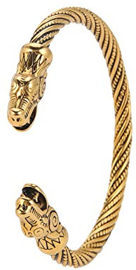 Amaxer Viking Nordic Fenrir Wolf Heads Odin Raven Crow Dragon Edelstahl Open Cuff Armband Starkes Amulett Schmuck Schutz für Männer Frauen (Drachen-Gold)