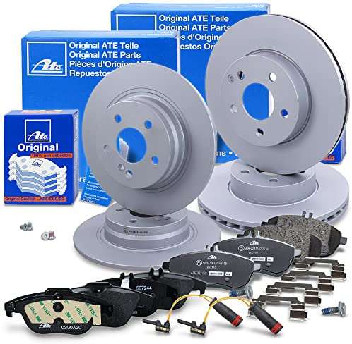 ATE Bremsenset inkl. Bremsscheiben vorne Ø 295 mm vorne belüftet + hinten Ø 300 mm voll und Bremsbeläge vorne + hinten und Warnkontakt Kompatibel mit MERCEDES C-Klasse (204), E-Klasse Coupe (C207)