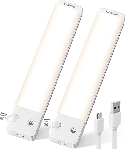 Lyridz Schrankbeleuchtung(120LM), Schranklicht mit bewegungsmelder Aufkleben, dimmbares Nachtlicht 1500mAh Akku, 3 Modi, einstellbare Helligkeit und PIR für Küche, Kleiderschrank, warmweiß, 2 Stück