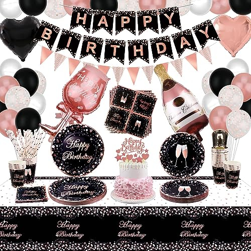 XJLANTTE Forniture per Feste in Oro Rosa e Nero - Palloncino, Striscione di Buon Compleanno, Topper per Torta, Tazze e Tovaglie per Decorazioni per Feste per Ragazze e Donne, per 20 Ospiti (Set 02)