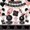XJLANTTE Suministros para fiestas en negro y oro rosa: globo, pancarta de feliz cumpleaños, decoración para pasteles, tazas y mantel para niñas y mujeres, para 20 invitados (juego 02)