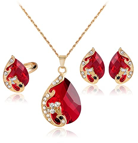 Epinki Schmuckset Hochzeit, Y Kette Damen Pfau Anhänger Trauringe Frauen Rose Vergoldet Ohrstecker Mädchen mit Rot Zirkonia - Rose Gold, Halskette Länge 45CM, 4er