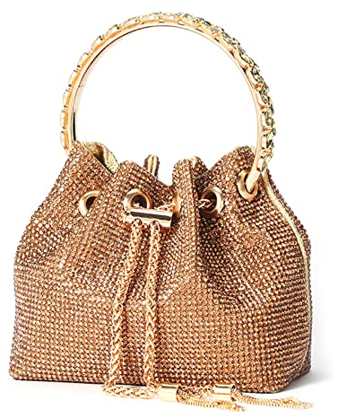 NICOLE & DORIS Damen Tasche Strass Elegant Handtasche Clutch Taschen Glitzer Abendtasche Eimertasche Geldbörse Strasssteine Schultertasche Tasche für Hochzeit Party Freizeit Gold
