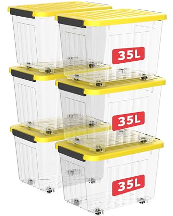Cetomo 35L*3 Aufbewahrungsboxen, Rillen-verstärkte Kunststoffboxen mit Rollen & Deckeln, Stapelbare Aufbewahrungskiste, Ordnungsboxen für Zuhause und Büro, PP, Transparent & Gelb, 35L (3er Pack)