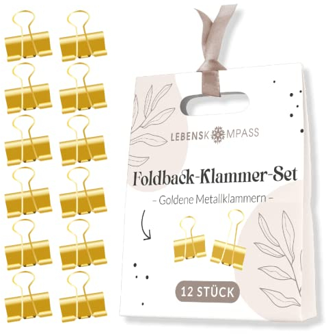 Lebenskompass® 12er-Set Goldene Foldback Klammern – Stilvolles Clips für das Büro perfekt für Dokumente, kreative Projekte und Organisation.