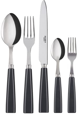 SABRE PARIS - Tafelbesteck, 5-teilig - Icône - Messer, Gabel, Esslöffel, Teelöffel & Kuchengabel - Edelstahl & Acryl - Spülmaschinenfest - Anthrazit