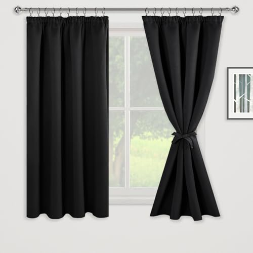 JIUZHEN Gardinen mit kräuselband Verdunklungsvorhänge Vorhang Blickdicht Gardinen Wohnzimmer Vorhänge Schlafzimmer Thermovorhang Schwarz, H137 x B117 cm,2er Set