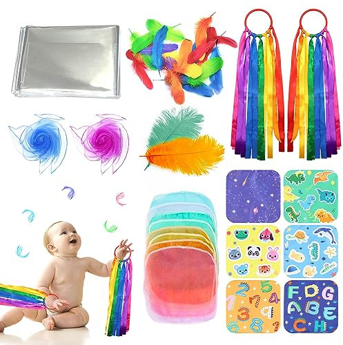Xerteam Baby Sensory Set, Sensory Foil Blanket Baby Themed Crinkle Papers Rainbow Ribbon Rattle Toy for Babies, Newborn Sensory Toy Scarf Feathers for 0 3 6 9 12 Months (Multicolor)