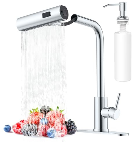 AVSIILE Küchenarmatur mit herausziehbarem Sprüher, Chrom, Wasserfall-Touch, Einloch-Edelstahl-Küchenspüle, kommerzielle moderne Einhandarmaturen für Küchenspülen mit herausziehbarem Sprüher