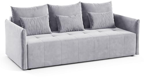 Schlafsofa Leno - Sofa mit Schlaffunktion und Bettkasten, Bettsofa mit Wellenfeder, Bettfunktion, Couch vom Hersteller, Couchgarnitur, Velours (Grau (Paros 05))