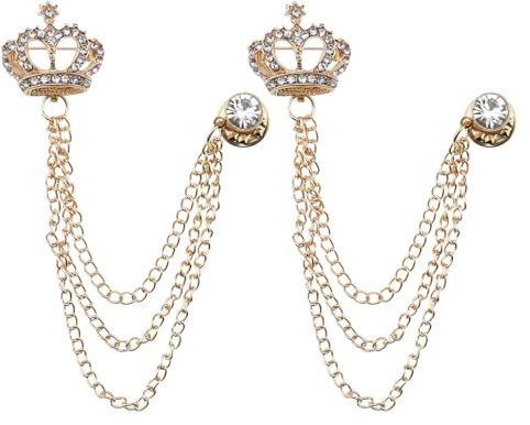 EMSea 2pcs Broche Couronne Broches Couronne Gland Chaîne Broche Décoration pour Hommes Cadeaux Punk Buck Cravate Épinglette Chaîne Suspendue Collier Strass Chaîne Broche, Or