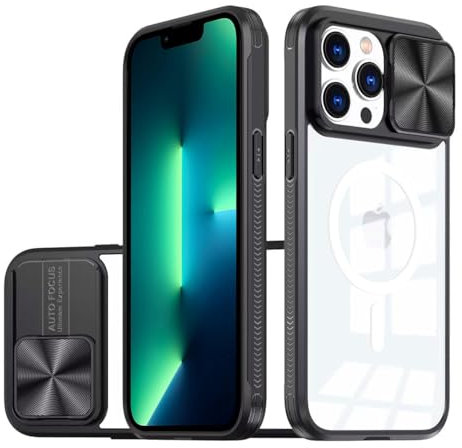 LIUKM Magnétique Coque Compatible avec iPhone 13 Pro, Cache Camera Protection, Étui avec Cache Caméra Coulissante, composé d'un Dos en PC et d'un Cadre en TPU - Noir