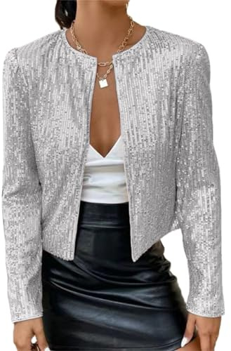 Tomwell Damen Glänzend Pailletten Jacke Cardigan Langarm Lässige Tops Kurz Oberteile Eleganter Blazer Glitzer Party Stehkragen Business Anzugjacke Clubwear