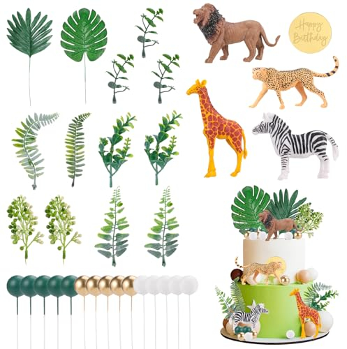 Radsocken 33 PCS Realistic Animal Cake Toppers Safari Animals Cake Decoration,Jungle Animals Cake Toppers with Artificial Plam Leaves Eucalyptus Party Supplies for Theme Birthday Baby Shower Party