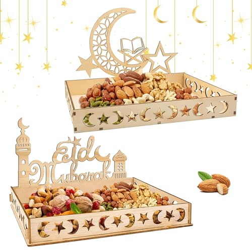 Lot de 2 assiettes Ramadan Aïd Mubarak - Assiettes de décoration en bois Ramadan - Plateau de service pour bonbons, gâteaux, décoration de table Ramadan