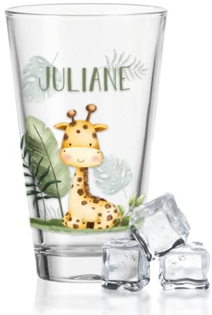 GRAVURZEILE Wasserglas mit UV-Druck - Tiergruppe Safari Design - Personalisiert mit Wunschname - Geschenke für Jungen & Mädchen Kinder zum Geburtstag Einschulung - Geeignet als Trinkglas - Giraffe