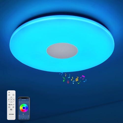 JDONG LED Deckenleuchte Dimmbar 18W mit Bluetooth Lautsprecher IP44 Wasserfest Rund Badezimmer led Deckenlampe mit Fernbedienung und APP RGB Farbwechsel Einstellbar für Schlafzimmer Wohnzimmer Ø30cm