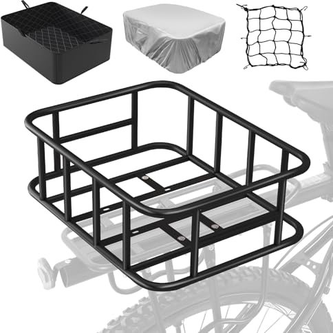 Bike Basket Rear Rack Bike Basket with Cargo Net and Liner Large Bicycle Basket Heavy Duty Bicycle Rear Basket with Liner Waterproof Cover Cargo Net Bike Accessories