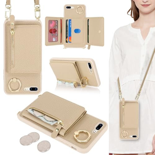 ELTEKER Coque pour iPhone 7 Plus/8 Plus Etui avec Cordon Collier Sangle réglable,Housse avec Anneau Étui Portefeuille avec Porte Carte Pochette - Beige