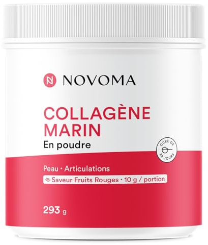 NOVOMA Collagene Marin Poudre Type 1 et 3 - Goût Fruits Rouges, Pot 293g | Pour 1 Mois - Avec Vitamine C - Peptides de Collagène Hydrolysé Naticol® - 10 g par Jour - Fabriqué en France