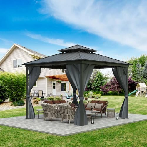 Abri de jardin permanente de 3,6 x 3,6 m – Gazebo à toit rigide en aluminium avec double toit en acier galvanisé pour terrasse, pelouse et jardin, rideaux et filet inclus, utilisation par tous les