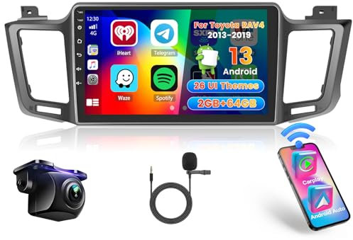 [2G+64G] Hikity Autoradio Für Toyota RAV4 2013-2018 Linkslenker Android 15 Wireless Carplay Android Auto 10.1Zoll Auto Radio mit 26UI FM RDS GPS Navi WiFi EQ Bluetooth MIC Rückfahrkamera Mirror Link