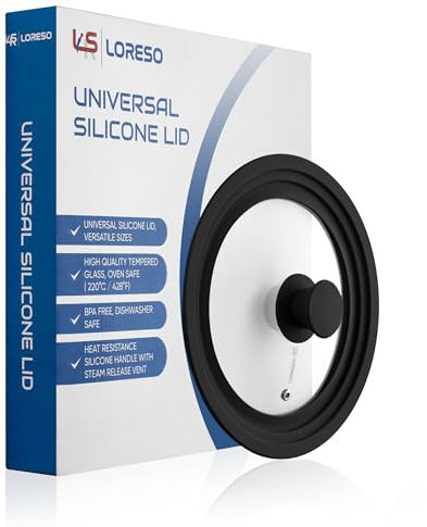 Loreso Silicone Glass Lid Black - Universal Silicone Glass Lid for Pots Pans & Skillet 7, 7.5, 8, 8.5, 9 & 9.5 Inches, Tempered Glass Lid with Steam Vents & Cool-Touch Handle (Small - Black)