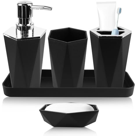 WIYETY Lot de 5 accessoires de salle de bain en plastique avec gobelet à brosse à dents, porte-brosse à dents, plateau de maquillage, distributeur de savon, porte-savon, accessoires de salle de bain