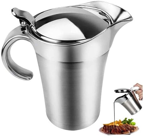 Piuytrew 750ml Silver Stainless Steel Gravy Boat with Lid, Double-Walled Thermo-Sauce Jug, Sauce Bowl with Handle