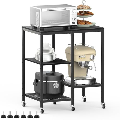 LIANTRAL Mikrowellen Regal 4 Stufig, Küchenregal mit Rollen, Bäckerregal, Standregal, Mehrzweck-Organizer für Backofen/Kaffeemaschine, Stabile Microwave Stand, Schwarz