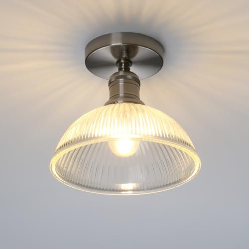 Yosoan Industrial Ceiling Lights, Ribbed Dome Glass Pendant Light, Ceiling Lamp for Kitchen Island Bedroom Living Room (Brushed)