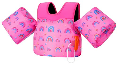 MoKo Chaleco de Natación para Niños, Flotadores de Brazo para Niños de 20-50 lbs, Flotadores de Agua con Silbato de Emergencia, Bonitos Flotadores de Brazo para Piscina, Arco Iris Rosa Intenso