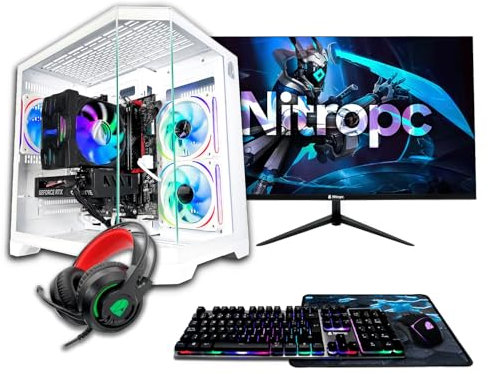 NitroPC - Pack Gold | Komplettes Gaming-PC-Set (Intel Core i5 12400F 6/12 4,40 GHz, RTX 3050 8GB, RAM 16GB, M.2 1TB, Windows 11 | WLAN, 24-Monitor, Tastatur, Maus, Headset) Desktop-PC (Weiß)