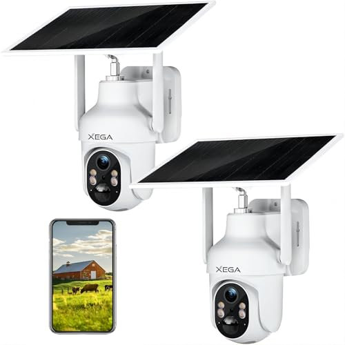 Xega 2 Piezas 4G LTE Camara Solar con Tarjeta SIM, 2K HD PTZ Camara Exterior Panel Solar 6W Baterías 10400mAh, Foco y Sirena Visión Nocturna en Color PIR Detección Humana Almacenamiento TF/Cloud IP66