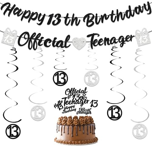 Deko 13. Geburtstag Junge Mädchen Banner - 13 Geburtstagsdeko Offiziell Teenager Banners Garland, Geburtstag Spiralen Hängedeko und Tortendeko für 13 Jahre Party Dekoration (Schwarz Silber)